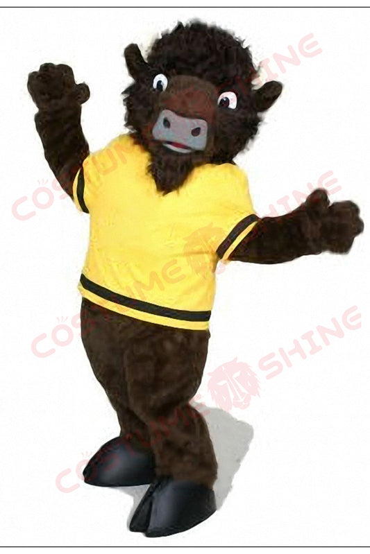 Dark Brown Buffalo Mascot Costume in Yellow Shirt
