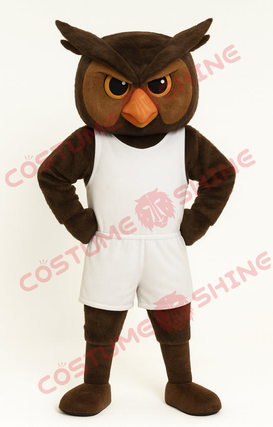 Dark Brown Owl Mascot Costume for Adults – Plush Suit with White Basketball Outfit