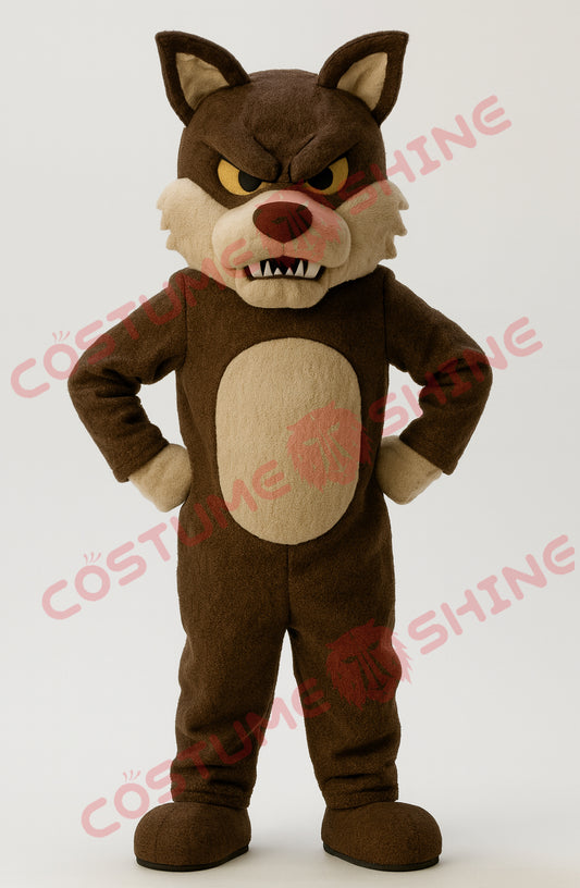 Dark Brown Wolf Mascot Costume Hands on Hips – Adult Plush Suit