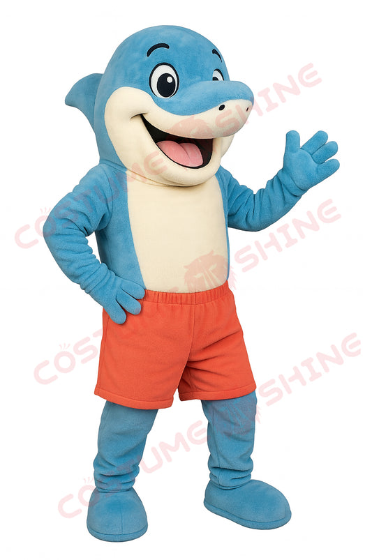 Dolphin Mascot Costume Blue Cartoon Outfit with Red Shorts