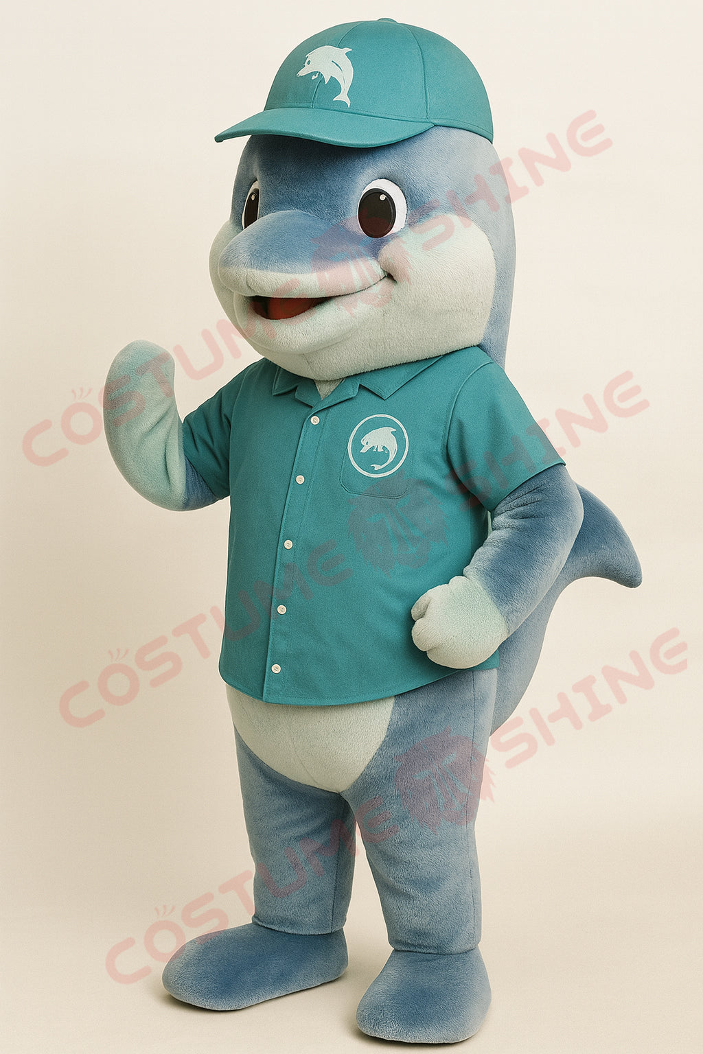 Dolphin Mascot Costume – Custom Handmade Plush Suit with Blue Shirt & Hat for School, Sports Team & Event Promotion