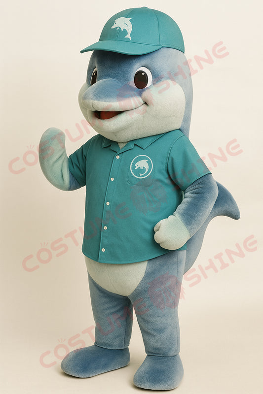 Dolphin Mascot Costume – Custom Handmade Plush Suit with Blue Shirt & Hat for School, Sports Team & Event Promotion