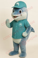Dolphin Mascot Costume – Custom Handmade Plush Suit with Blue Shirt & Hat for School, Sports Team & Event Promotion