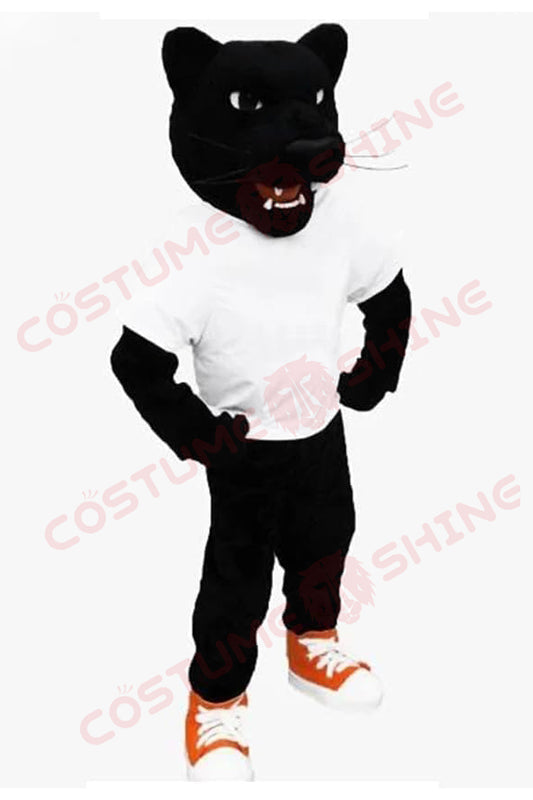 Fierce Black Panther Mascot Costume in White Shirt and Orange Sneakers