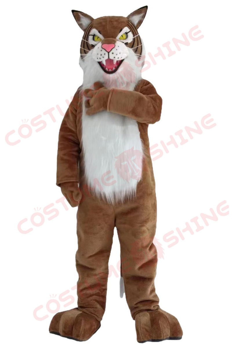 Fierce Bobcat Mascot Costume for Adults – Brown & White Plush Wildcat Suit for Sports, School & Events
