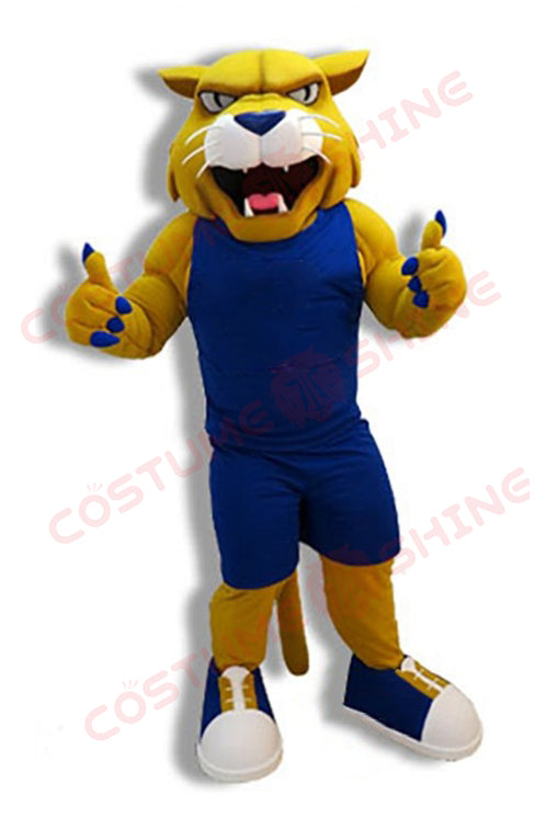 Fierce Yellow Wildcat Mascot Costume in Blue Athletic Suit