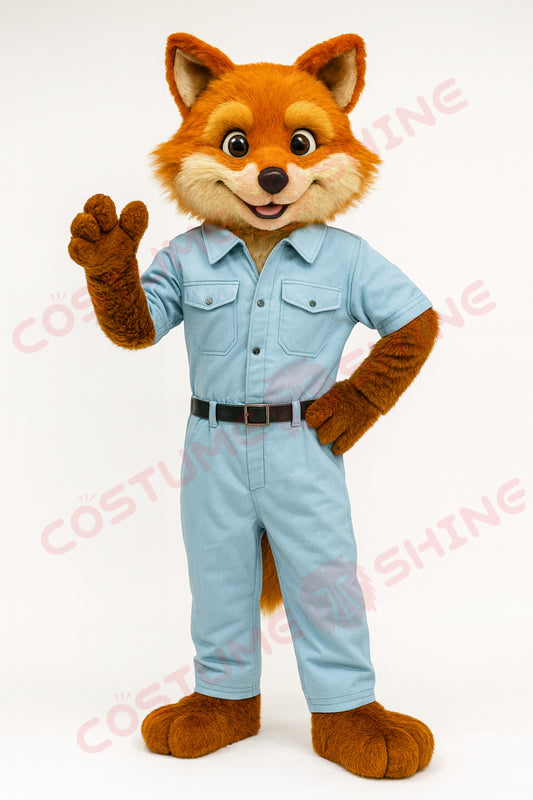 Fox Mascot Costume in Light Blue Jumpsuit – Custom Plush Fox Suit for Schools, Sports Teams & Business Promotions