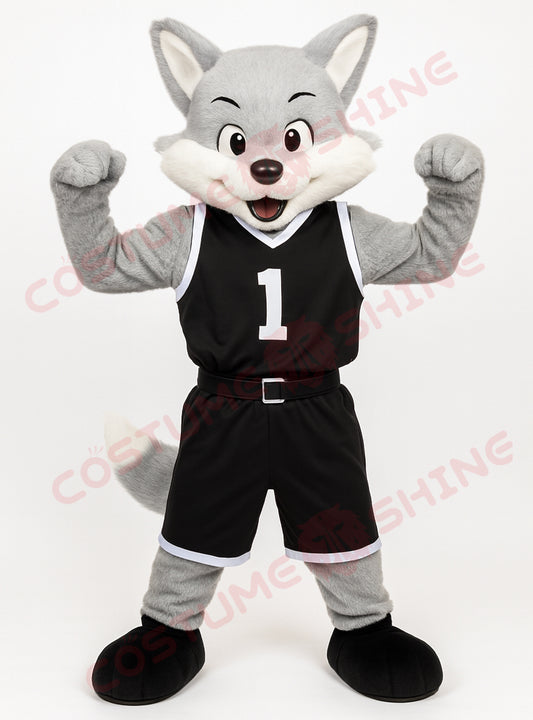 Fox Mascot Costume in Black Basketball Uniform – Custom Sports Team Fox Mascot Suit for School Games & Events