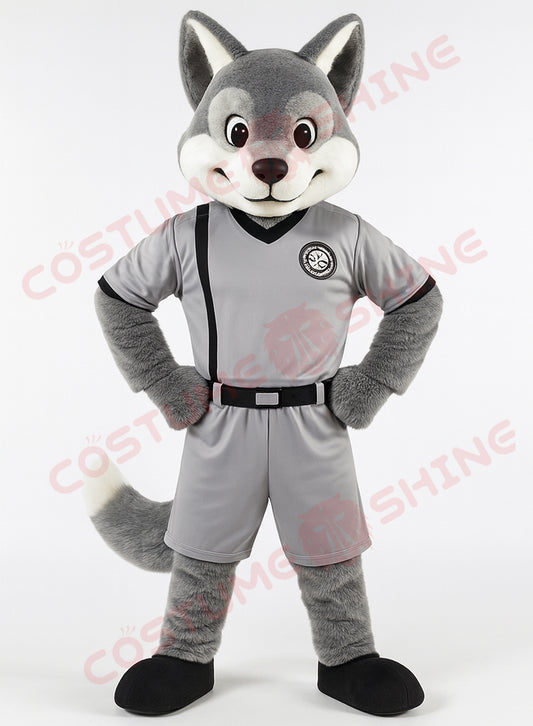 Fox Mascot Costume in Gray Soccer Uniform – Custom Sports Team Mascot Suit for Schools, Clubs & Events