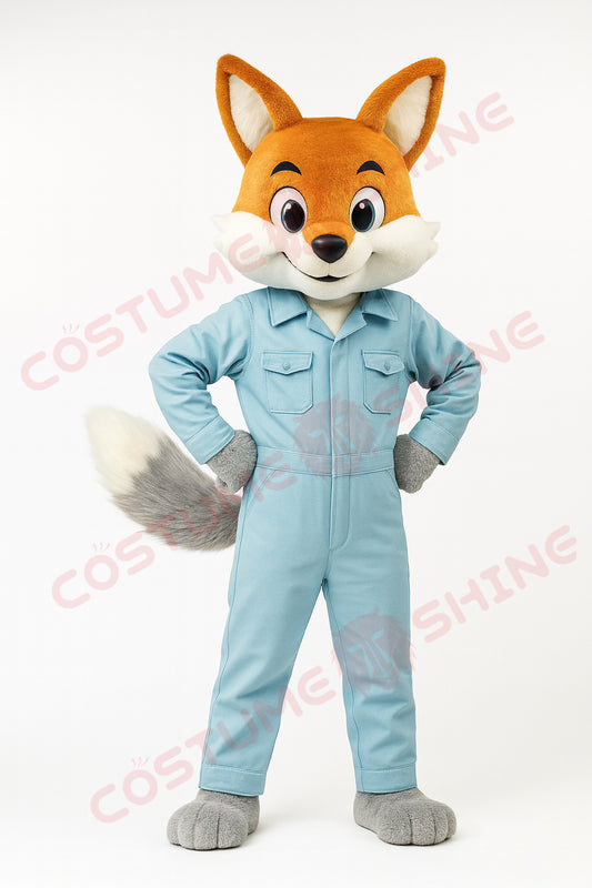 Fox Mascot Costume in Light Blue Jumpsuit – Custom Animal Mascot Suit for Schools, Teams & Business Events