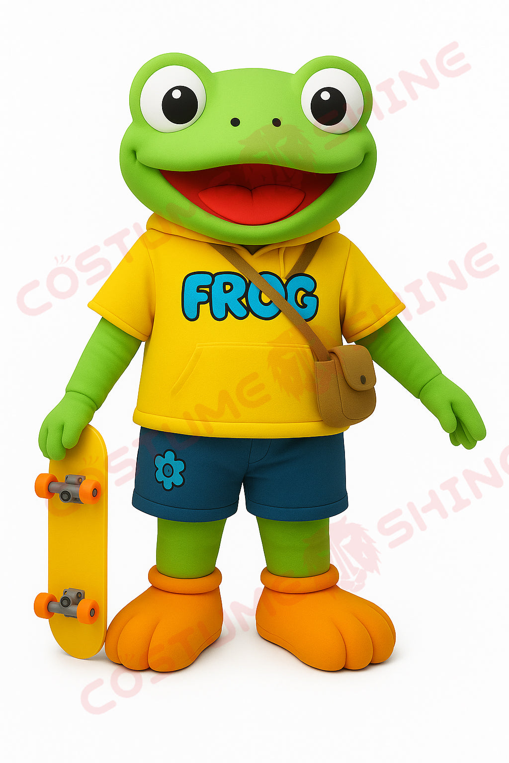 Cute Frog Mascot Costume for Adults Wearing Yellow Sweatshirt, Denim Shorts, and a Fun Messenger Bag