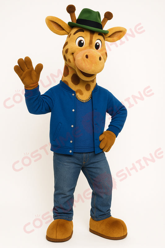 Giraffe Mascot Costume with Blue Jacket and Green Hat – Plush Animal Suit for School or Event