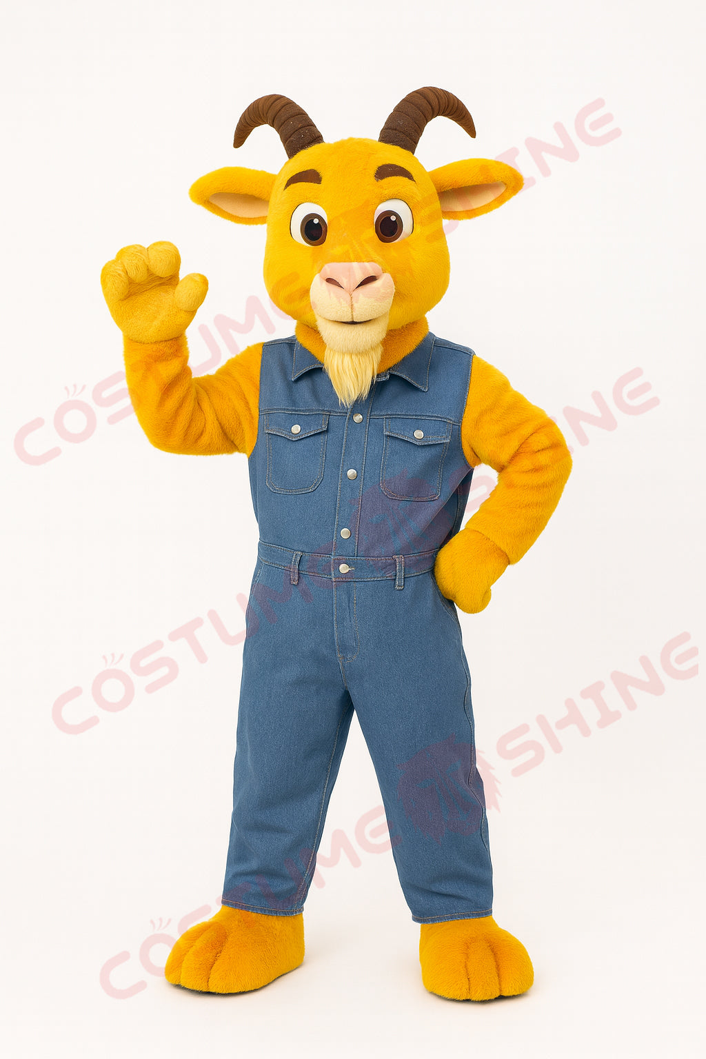Custom Goat Mascot Costume with Denim Overalls – Farm Animal Plush Suit for School, Events & Promotion