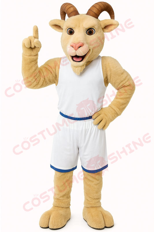 Goat Mascot Costume for Adults in White Basketball Uniform