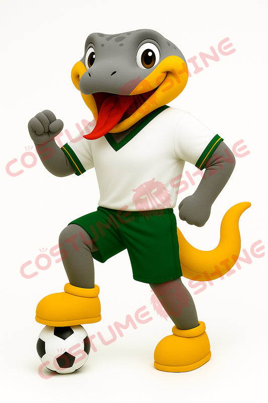 Gray and Yellow Snake Mascot Costume in Green Soccer Uniform