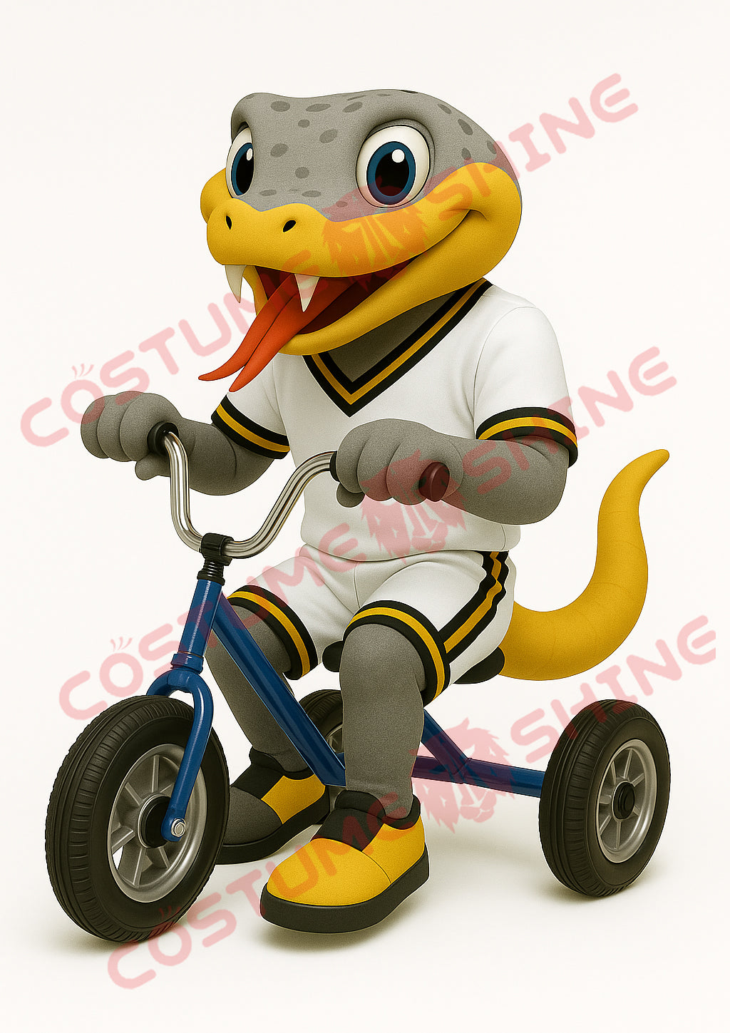 Gray and Yellow Snake Mascot Costume Riding Tricycle in Sports Outfit