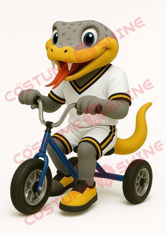 Gray and Yellow Snake Mascot Costume Riding Tricycle in Sports Outfit
