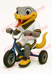 Gray and Yellow Snake Mascot Costume Riding Tricycle in Sports Outfit