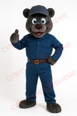 Gray Bear Mascot Costume in Blue Work Uniform | Custom Bear Character Suit for Schools, Events, and Promotions