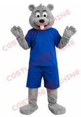 Gray Beaver Mascot Costume Adult Blue Shirt Blue Shorts Outfit