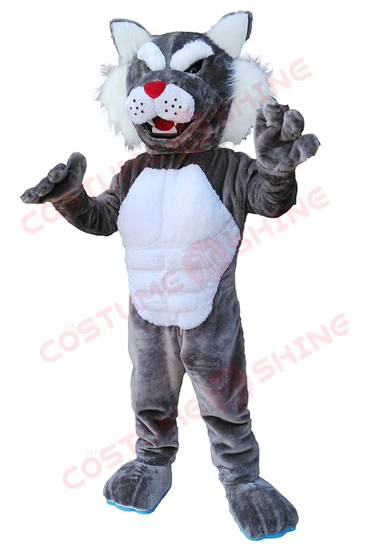 Gray Wildcat Mascot Costume with White Belly and Red Nose – School, Sports & Events