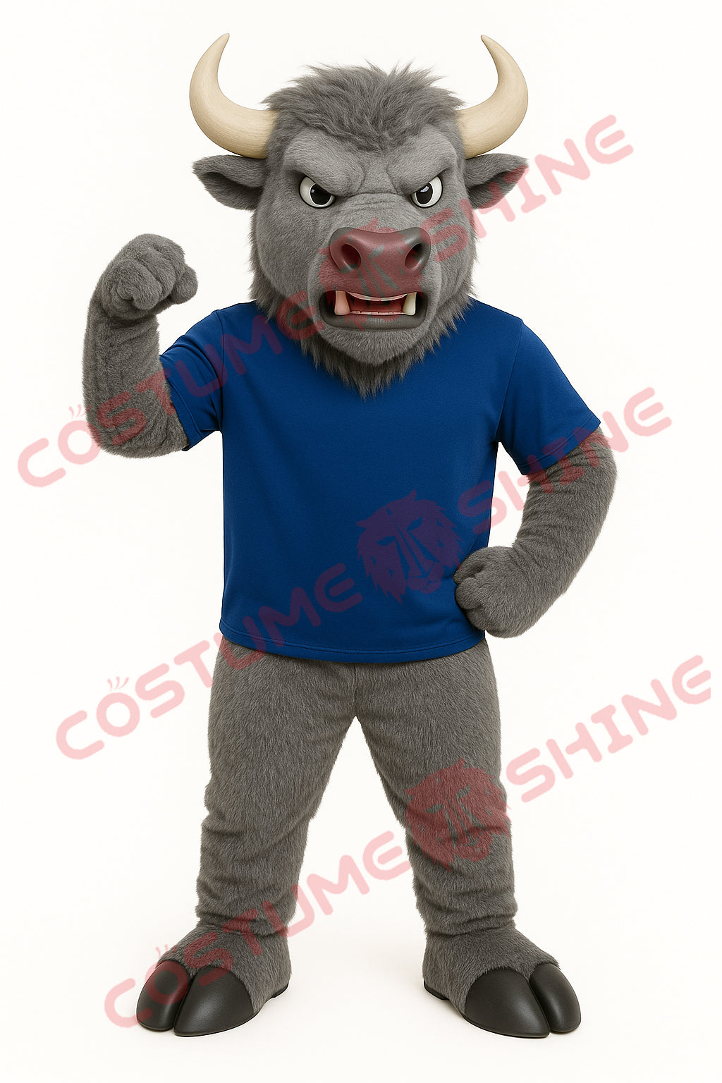 Gray Buffalo Mascot Costume with Blue Shirt for School Spirit & Events