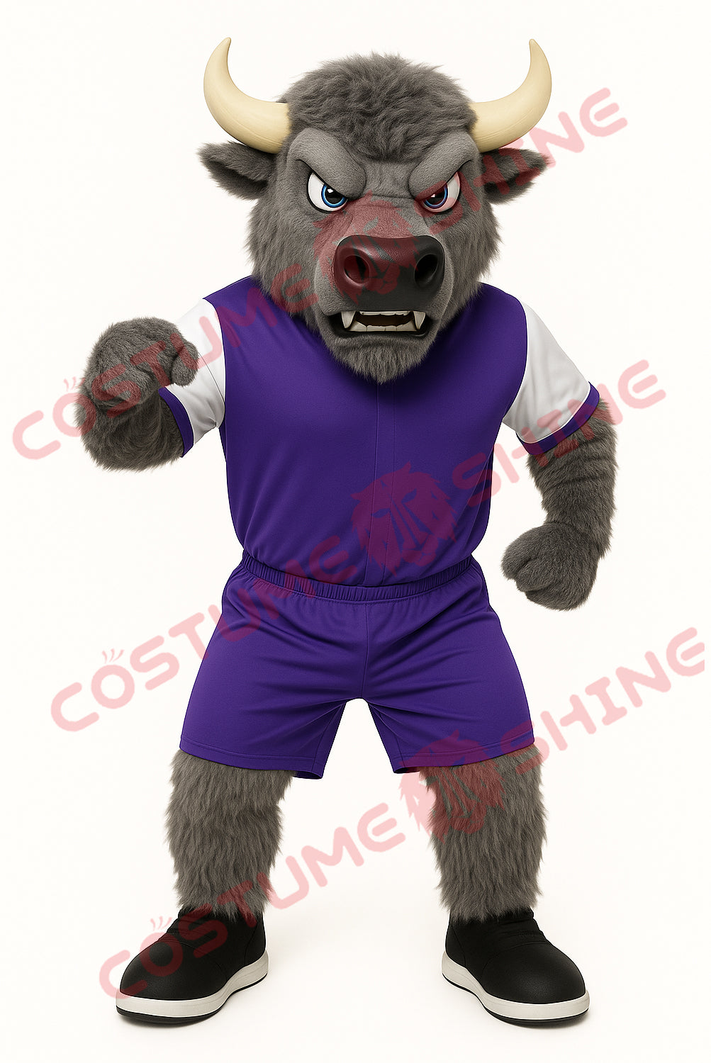 Gray Buffalo Mascot Costume Purple Jersey for School Sports & Events