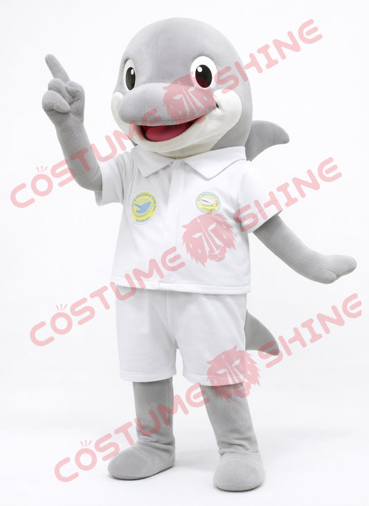 Gray Dolphin Mascot Costume for Adults | White Uniform Mascot Suit