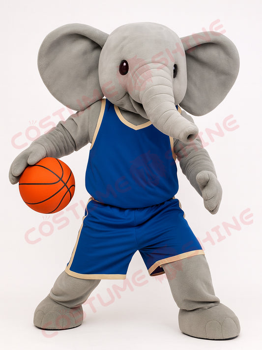 Gray Elephant Mascot Costume in Blue Basketball Uniform | Custom Sports Plush Suit