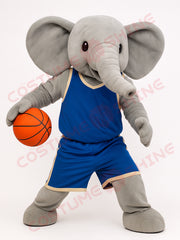 Gray Elephant Mascot Costume in Blue Basketball Uniform | Custom Sports Plush Suit