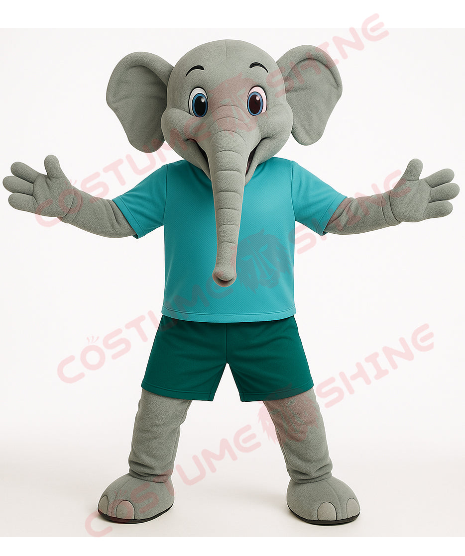 Gray Elephant Mascot Costume – Green Sports Outfit Plush Suit for School Events