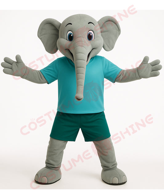 Gray Elephant Mascot Costume – Green Sports Outfit Plush Suit for School Events