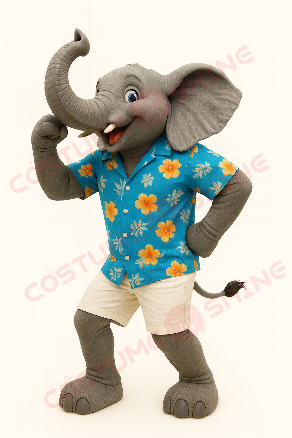 Gray Elephant Mascot Costume with Hawaiian Shirt – Custom Plush Animal Suit for School Events and Brand Promotions