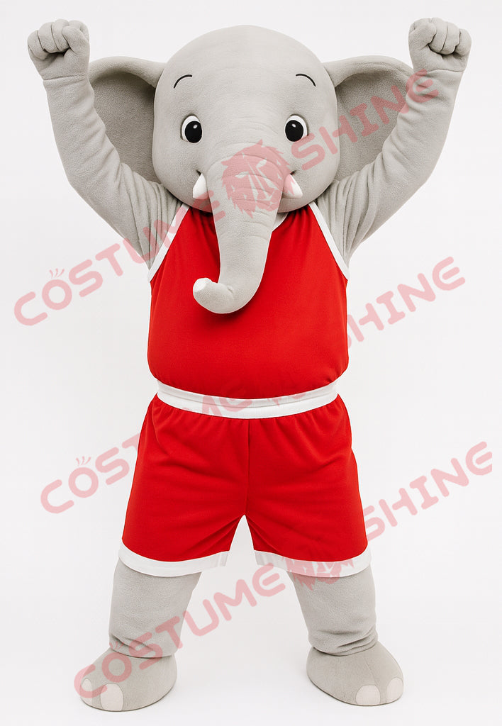 Gray Elephant Mascot Costume in Red Basketball Uniform | Custom Sports Plush Suit