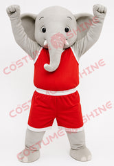 Gray Elephant Mascot Costume in Red Basketball Uniform | Custom Sports Plush Suit