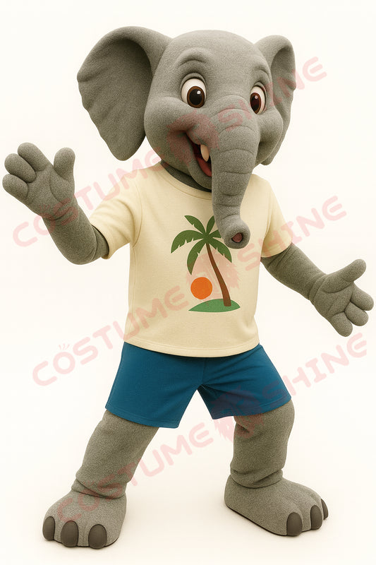 Gray Elephant Mascot Costume with Yellow Shirt and Blue Shorts – Custom Plush Animal Suit for School and Sports Events