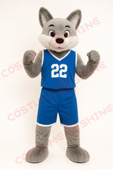 Gray Fox Mascot Costume in Blue Basketball Uniform – Custom Plush Suit for School Teams