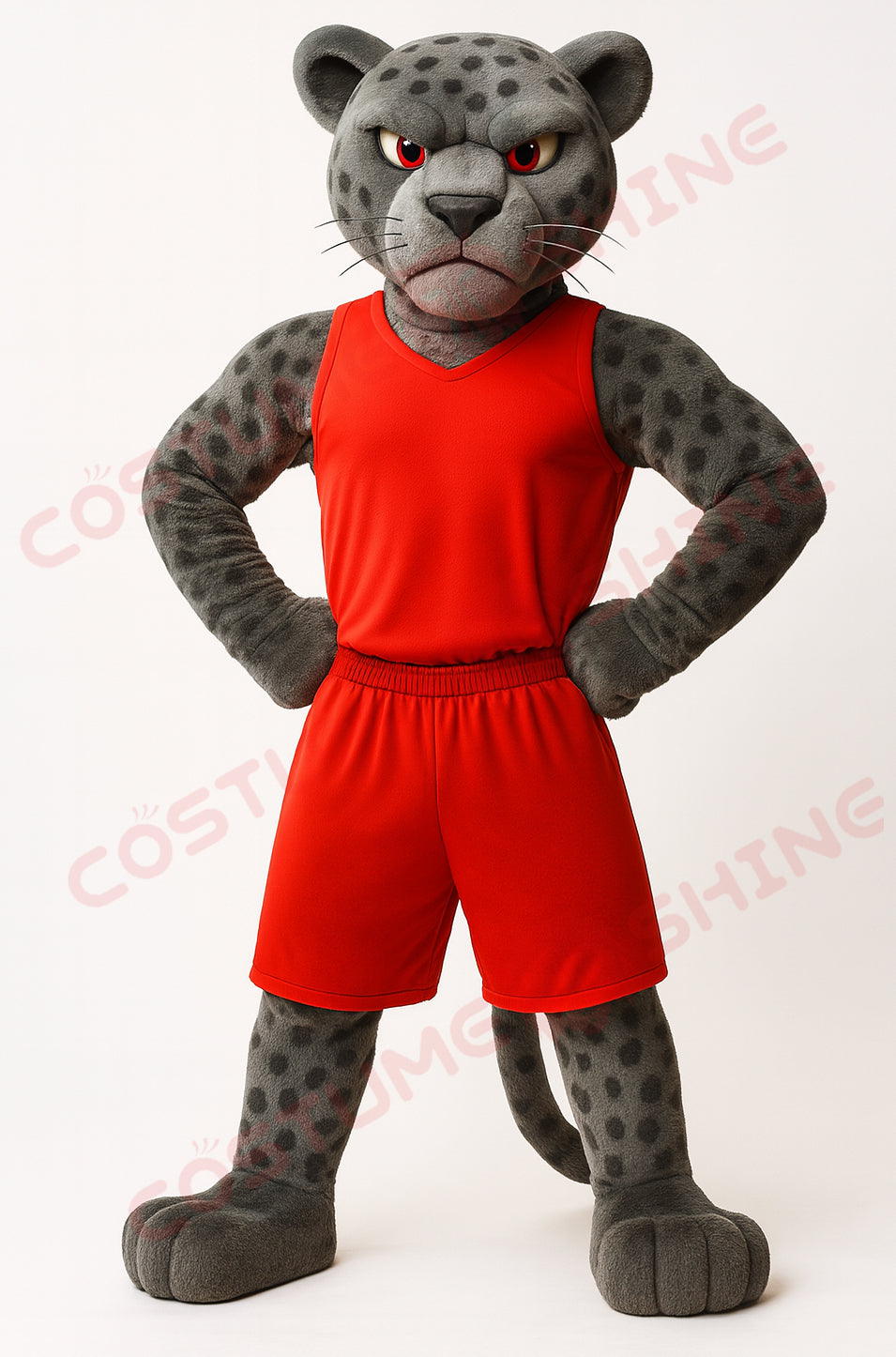 Gray Leopard Mascot Costume in Red Basketball Uniform | Custom Panther Mascot Suit for Schools and Sports Teams