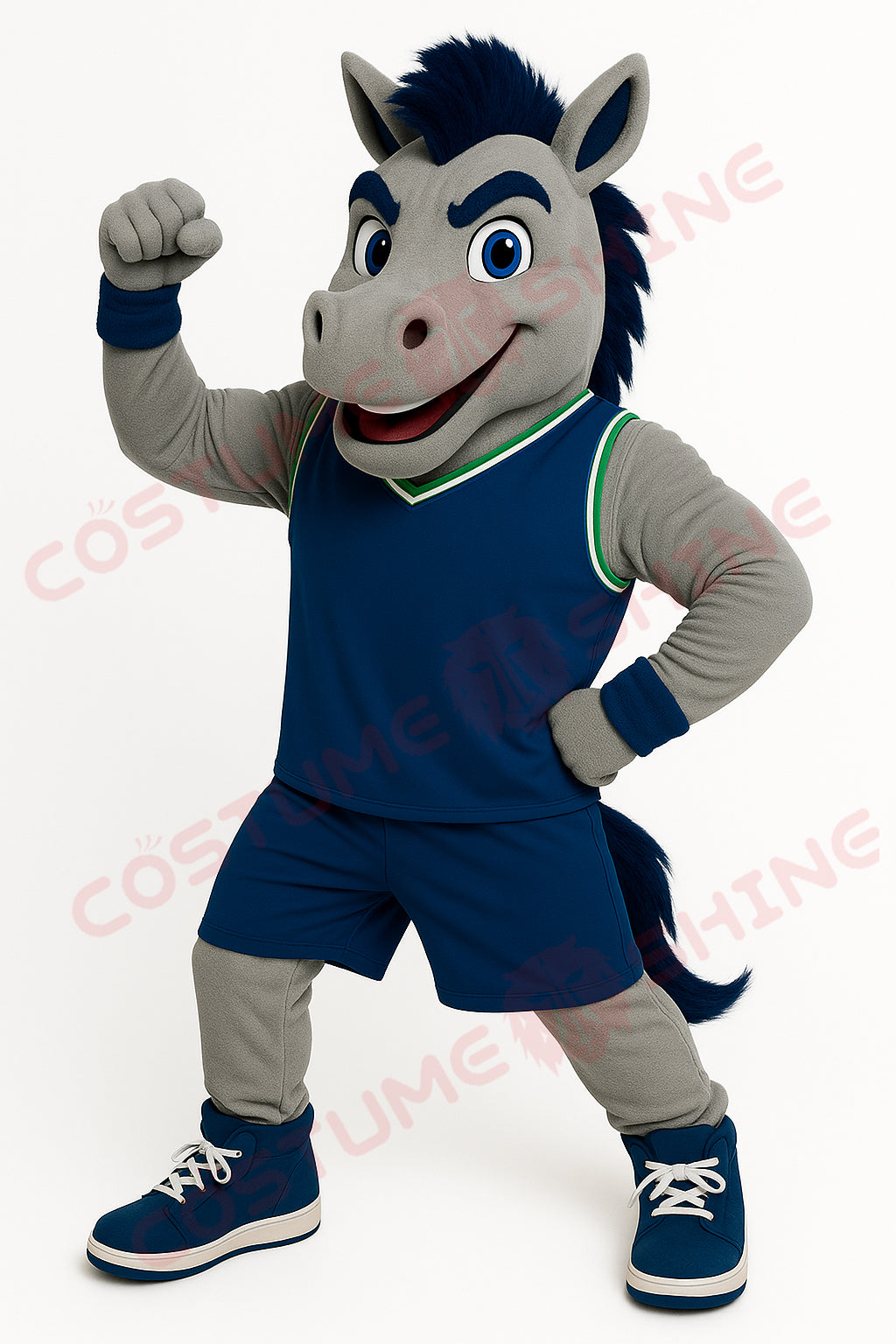 Gray Mustang Mascot Costume with Navy Basketball Uniform – Custom Horse Mascot Suit for School Teams and Events