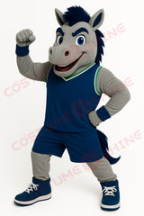 Gray Mustang Mascot Costume with Navy Basketball Uniform – Custom Horse Mascot Suit for School Teams and Events