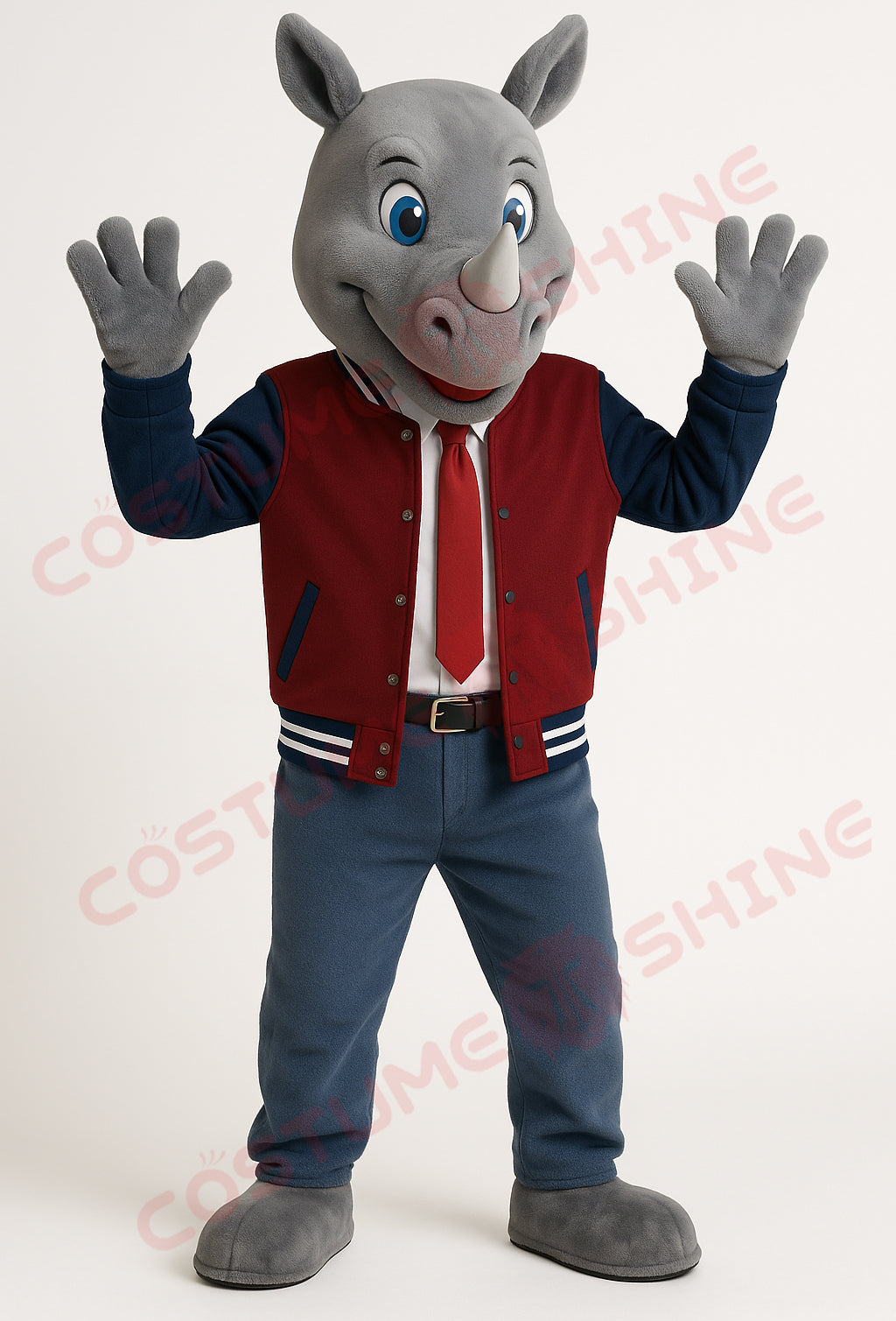 Gray Rhino Mascot Costume with Red and Blue Varsity Jacket – Custom Plush Suit for School Teams, Sports Events & Promotions