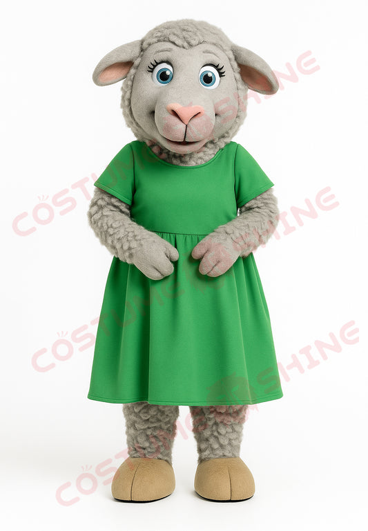 Gray Sheep Mascot Costume in Green Dress – Custom Plush Animal Suit for Events