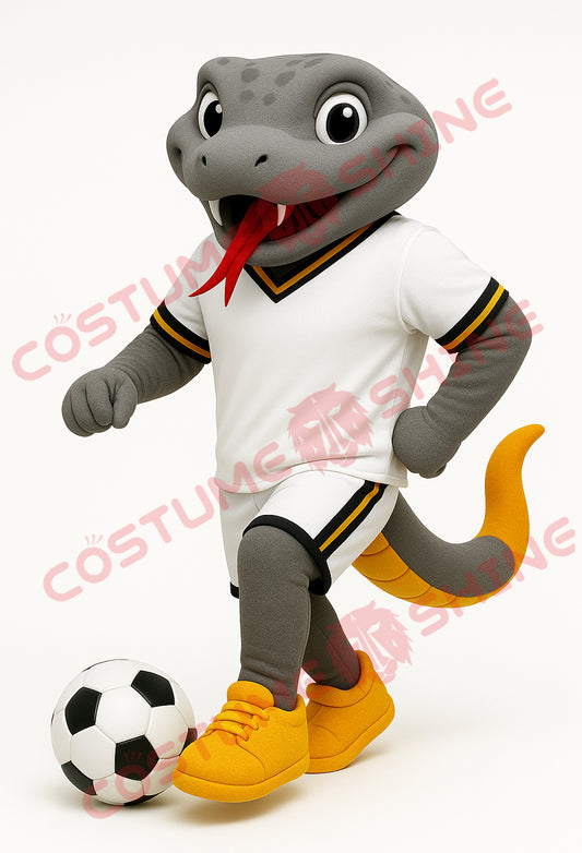 Gray Snake Mascot Costume in White Soccer Uniform with Yellow Tail