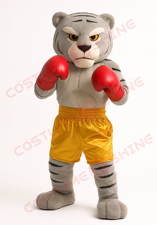 Gray Tiger Mascot Costume Boxer Outfit – Custom Plush Animal Suit for Sports Events