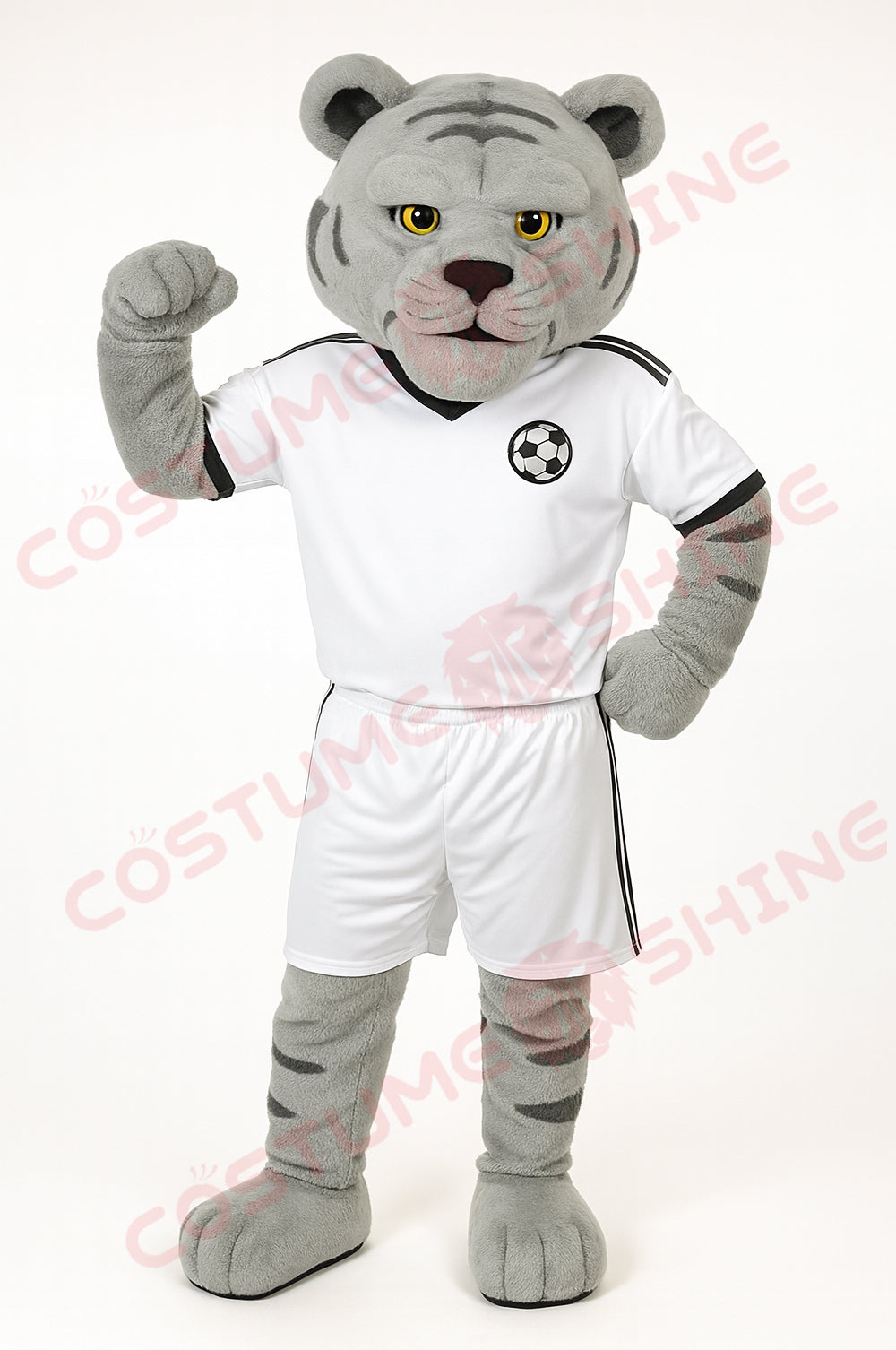 Gray Tiger Mascot Costume in White Soccer Uniform – Custom Sports Team Plush Suit