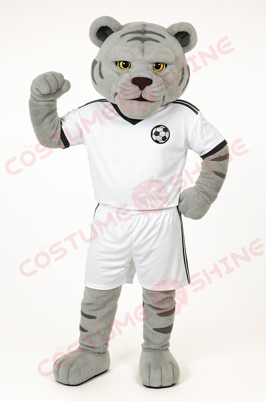 Gray Tiger Mascot Costume in White Soccer Uniform – Custom Sports Team Plush Suit