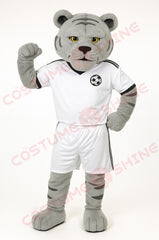 Gray Tiger Mascot Costume in White Soccer Uniform – Custom Sports Team Plush Suit