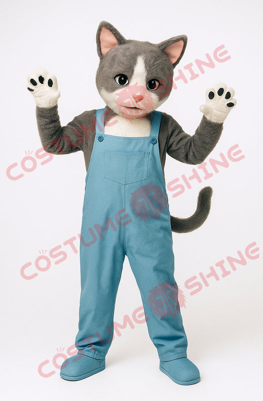 Gray White Cat Mascot Costume in Blue Overalls for Events & Schools
