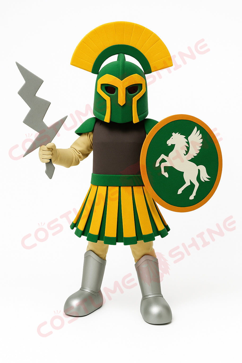Greek Warrior Mascot Costume Green and Gold Armor with Shield – Custom School Team Plush Suit