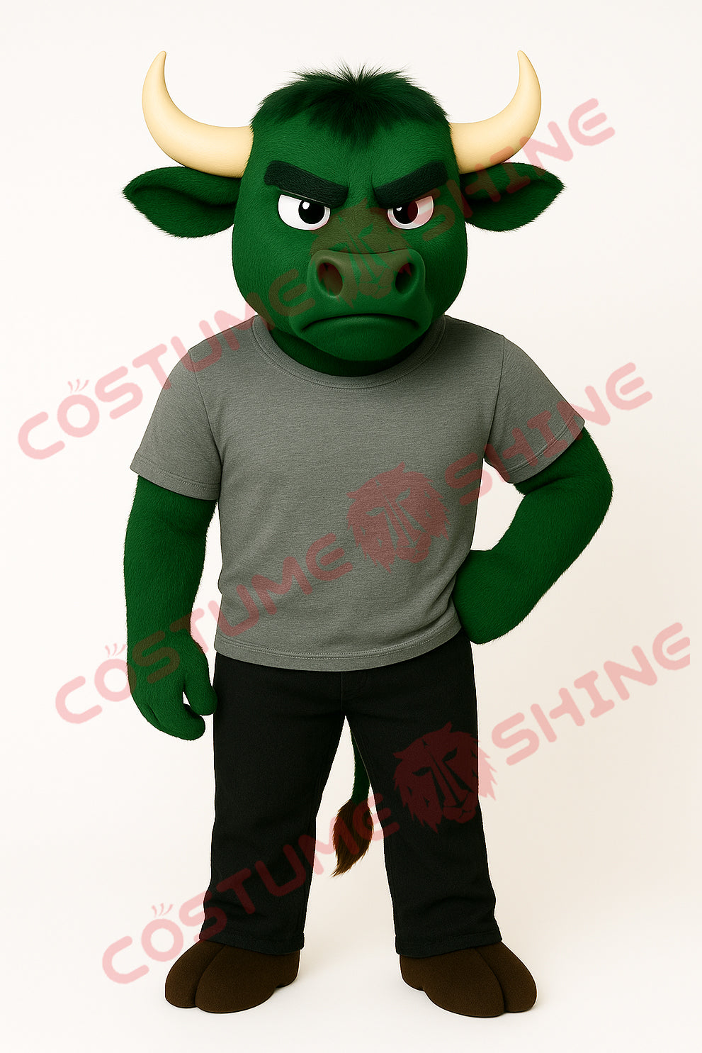 Green Bull Mascot Costume with Grey T-Shirt